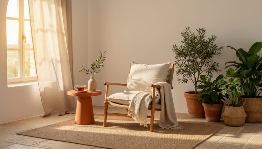 Person relaxing and journaling in a sunlit Mediterranean-inspired reading nook with natural materials.