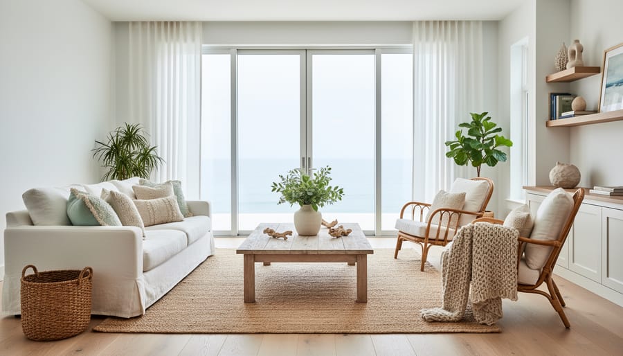 Serene beach house living room interior with linen seating, woven rug, driftwood-style table, and sea-glass accents in soft natural light