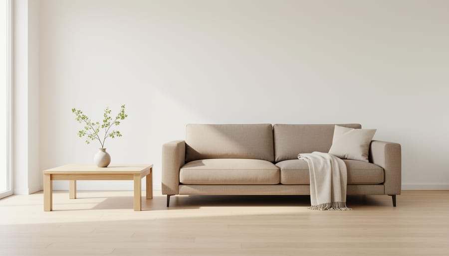Minimalist living room with light wood furniture, neutral textiles, and a clean uncluttered coffee table under soft daylight.