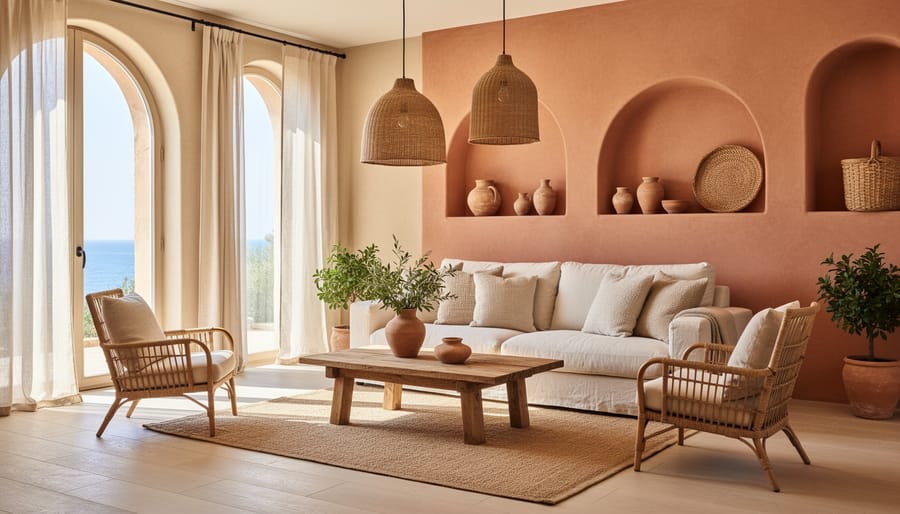 Sunlit Mediterranean living room with white plaster walls, terracotta flooring, and woven textiles.