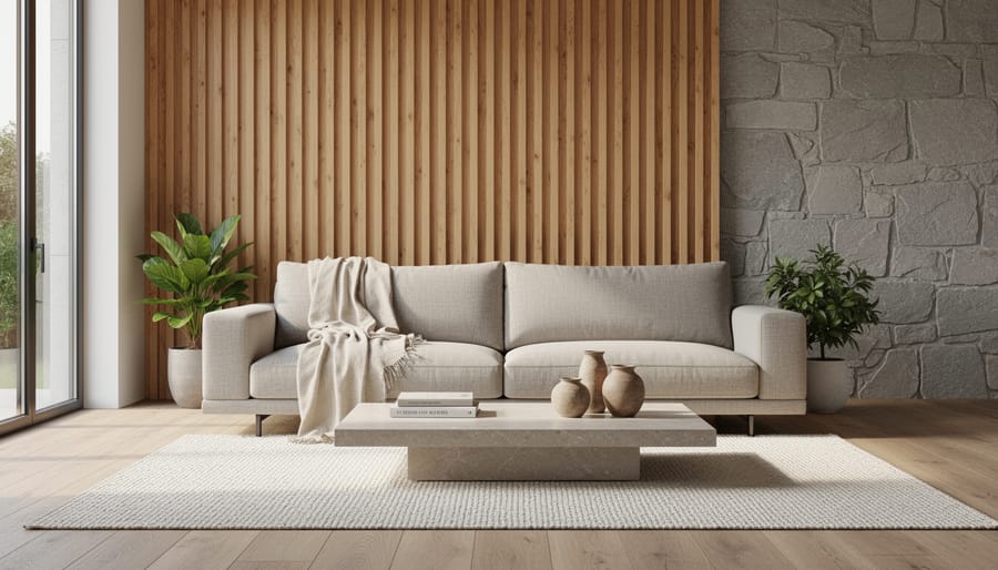 Close-up of coastal interior materials including linen fabric, natural wood, river stones, and slate tiles arranged on a table