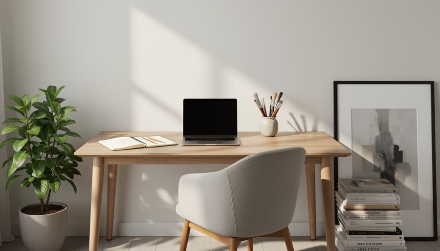 A peaceful desk setup with a blank sketchbook, colored pencils, and a tablet displaying abstract colors, alongside calming stones.