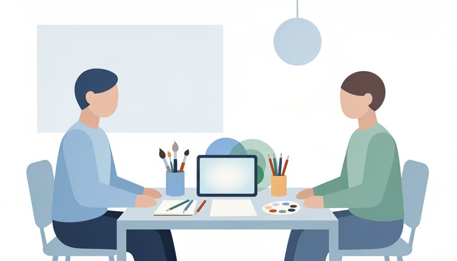 Therapist and client hands collaborating around a tablet showing abstract non-text visuals.