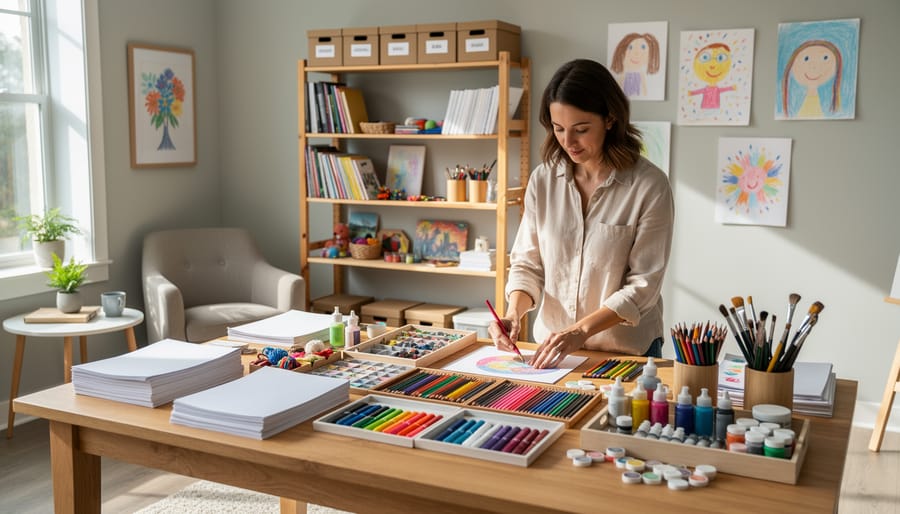 Art therapist arranging colorful paper cutouts and a tablet on a table in a counseling room.