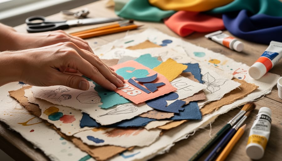 Close-up of hands creating a mixed-media collage with torn paper, paint swatches, and cut-out shapes on a craft table in warm natural light.