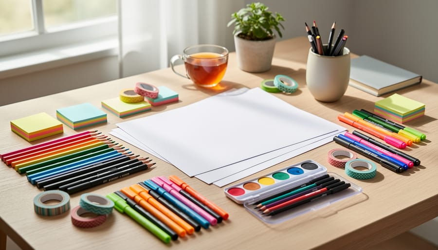 Art-therapy table with blank paper, colored pencils, watercolor paints, and a mug