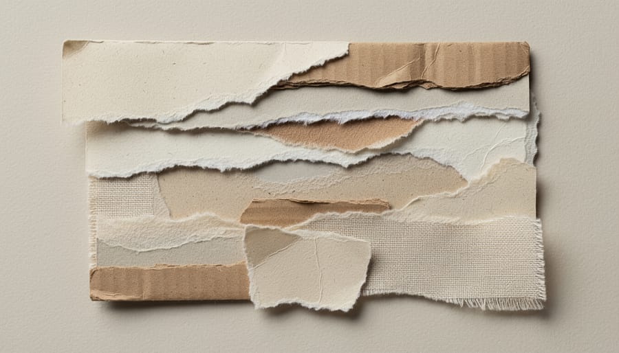 Layered collage materials with torn paper, fabric scraps, and dried leaves on a worktable