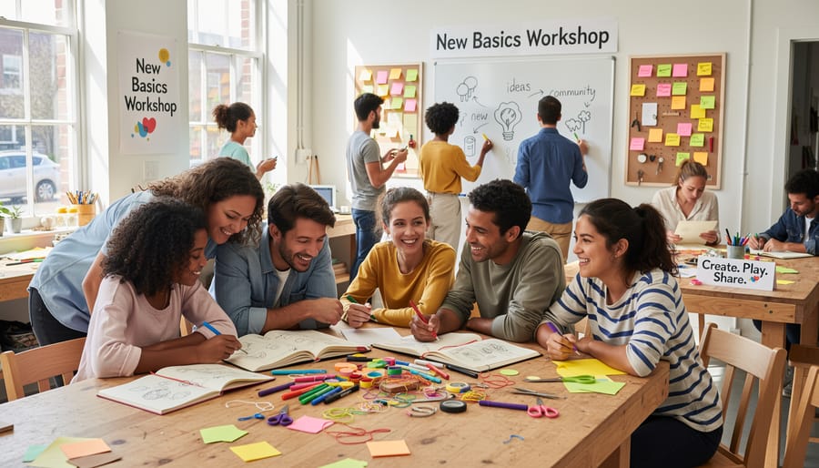 People collaborating at a community workshop table with large sheets of paper and mixed media supplies