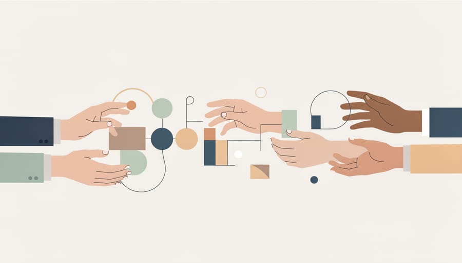 Close view of diverse people’s hands creating a collaborative wall collage with colorful paper and notes