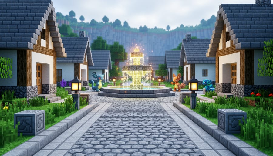 A Minecraft-based Cobblemon village walkway with custom textured terrain, an glowing fountain, and distant creature silhouettes in an immersive, atmospheric landscape.