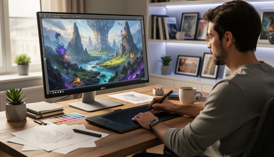 Digital artist’s desk with a tablet, blank sketchbook, and art supplies under soft natural light.