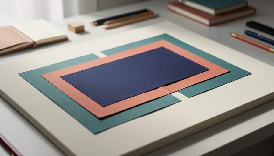 Layered paper shapes on a design workspace with one bold dark indigo element centered as the focal point, photographed under soft natural light.