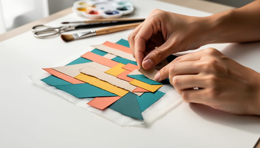Hands arranging torn paper and translucent tissue on an art surface to create overlapping layers and a repeating visual pattern with scattered art tools nearby.