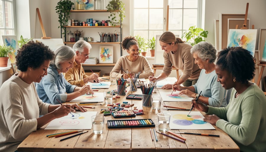 People in an art-therapy group session working with sketchbooks and colored pencils at a shared table.