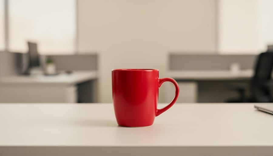 Red sculpture isolated on a light gallery plinth with blurred neutral objects in the background.