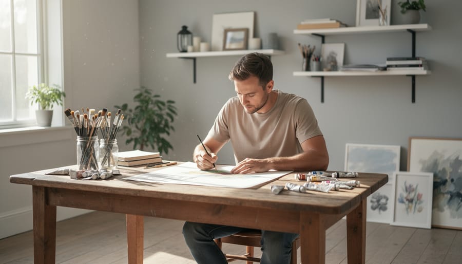Man painting at an art-therapy table with paintbrush poised over a blank canvas.