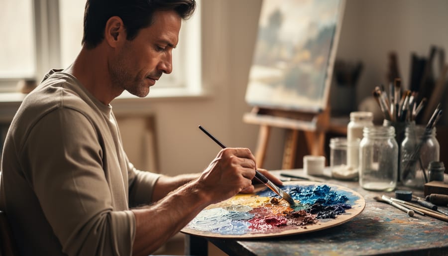 Man using a paintbrush to create art while seated in a calm studio setting, symbolizing art therapy for men’s mental health.