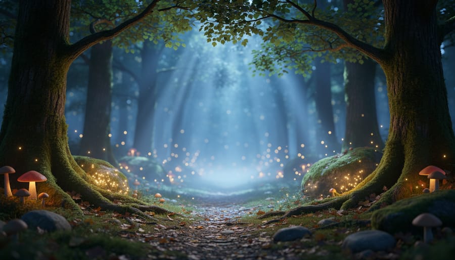 Misty forest clearing with mossy stones and glowing mushrooms creating a magical mood.