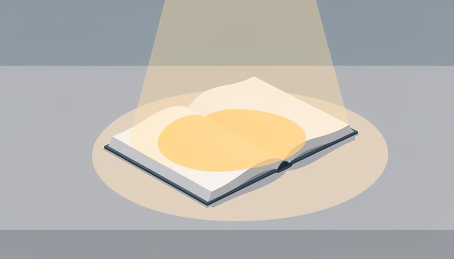 An open notebook under a desk lamp where a warm light spot highlights one page in a dim therapy room.