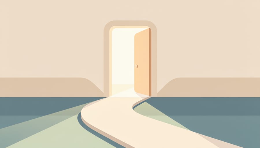 Sunlit accessible hallway leading to a room with visible art supplies