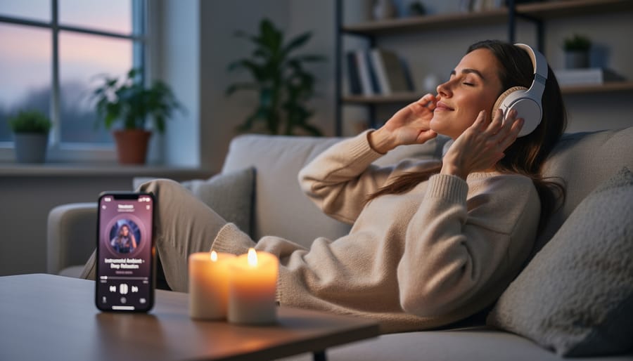 Person with eyes closed wearing wireless headphones, resting calmly on a massage table in a softly lit room.