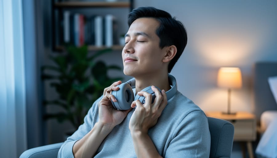 An adult seated at home with eyes closed, wearing wireless headphones, bathed in warm bedside lamp light to suggest calm and stress relief through music.