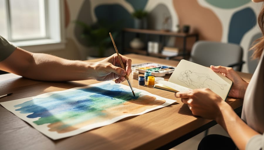 Close view of hands painting watercolor in an art-therapy setting with supportive presence in a softly lit Canadian clinic-like room.