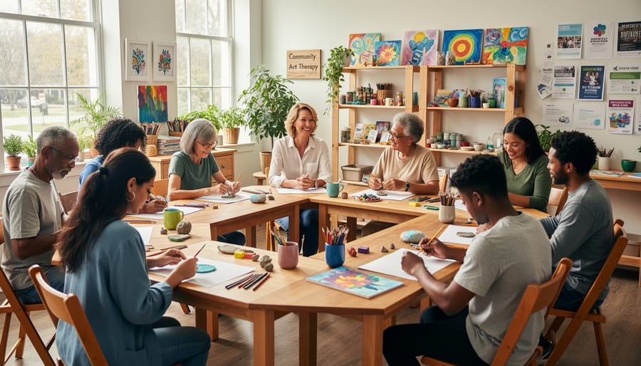 Person working with clay and colored pencils at a table in a community art space