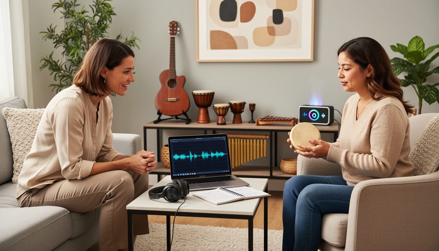 Therapist and participants seated on cushions in a calm studio listening to soothing sound instruments.