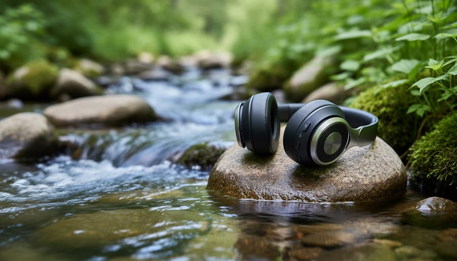 Headphones resting on a rock by a lake at sunrise with gentle water ripples in the background.