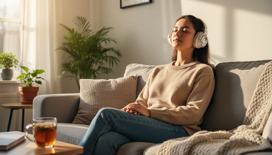 Person sitting quietly with over-ear headphones, eyes closed, listening to relaxing music in a softly lit room.