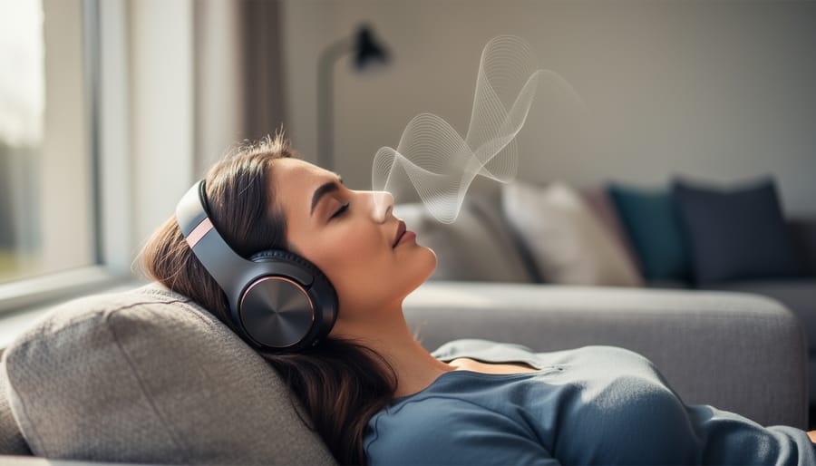 Relaxed person wearing over-ear headphones with closed eyes on a sofa, suggesting calming sound therapy for stress and anxiety.
