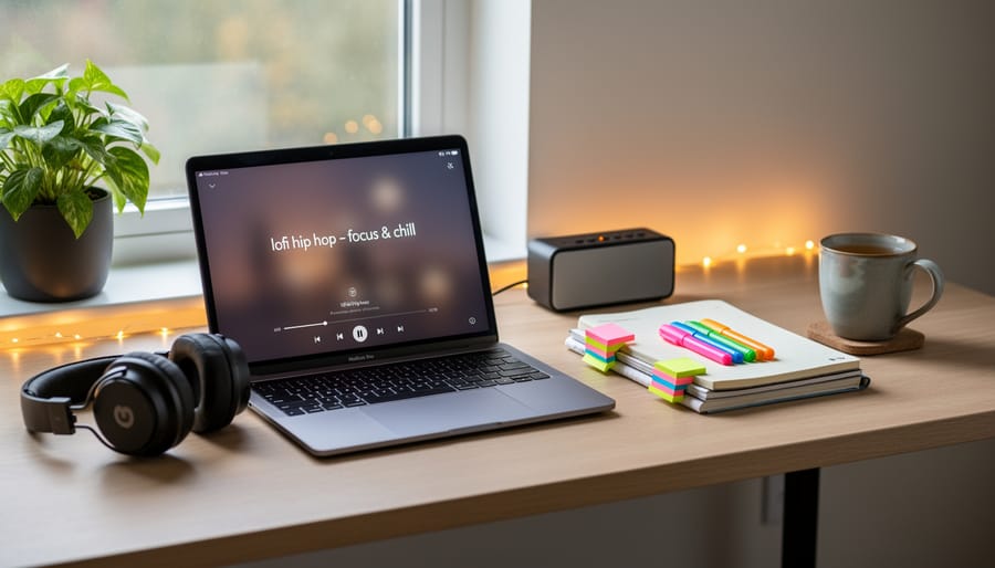 Study desk with an open notebook and a phone and small speaker, suggesting calm focus for anxiety relief.