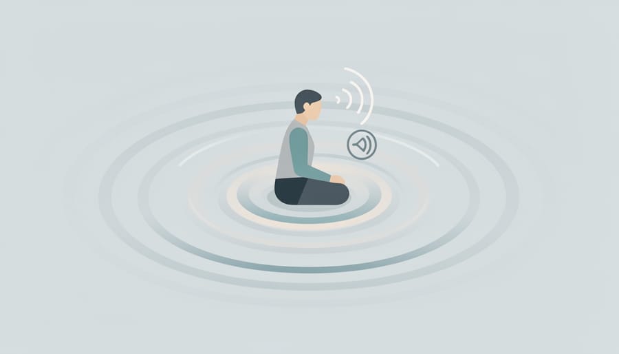 Tuning fork beside a glass bowl of water showing subtle ripples, suggesting the calming effect of sound.